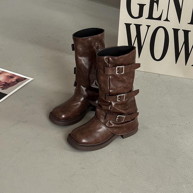 

Осень Зима Винтаж Женщина Рыцарь Сапоги до колена Обувь Женская Элегантный Толстый Низкий Каблук Пряжка Ремня Вестерн Ковбойские Ботас 35
