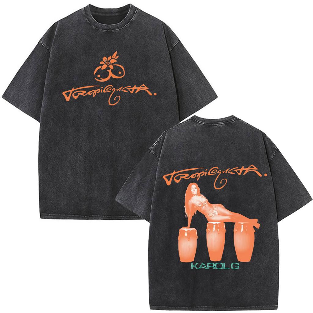 Karol G Viajando Por El Mundo Tropitour  Graphics T Shirt Unisex Women Fashion Cotton Loose Casual Vintage Washed Tshirts Tops
