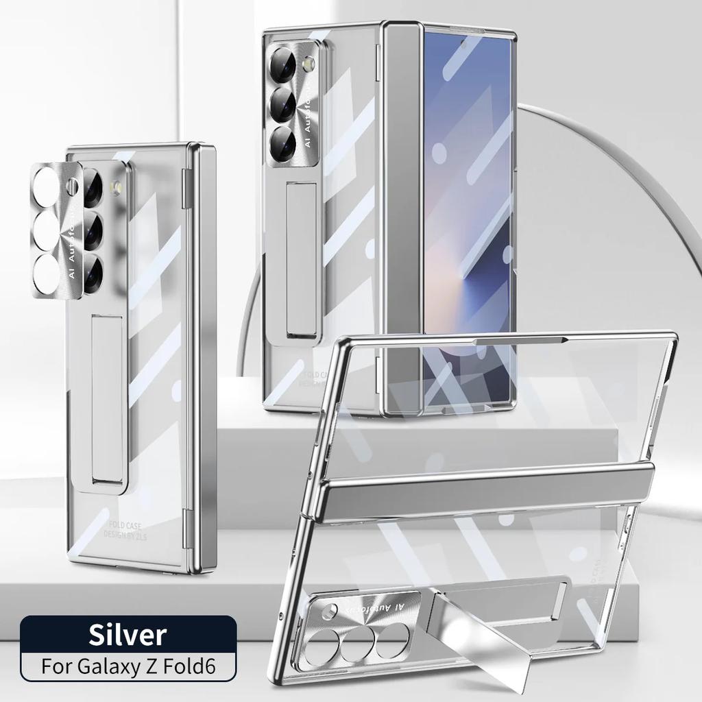 For Samsung Galaxy Z Fold6 7 Phone Case Spring Hinge Pen Slot Holder with Pen Electroplating Transparent Shell Film ZFold6 Cover