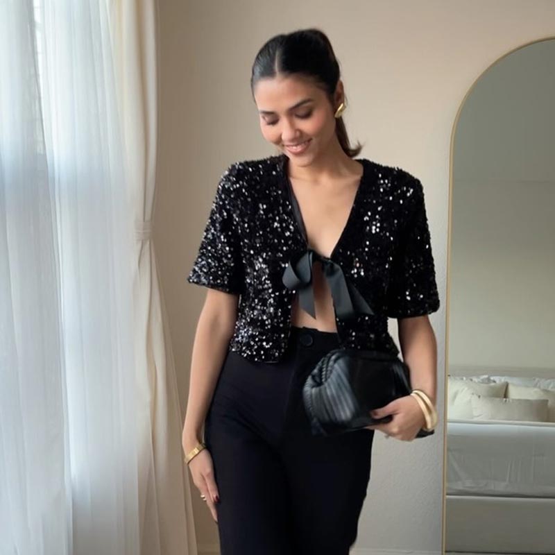 Bow Tie Lace Up Sequin Top Women's Short Sleeved V-neck Shirt Sweet Solid Color Blouses 2025 Spring and Summer Fashion