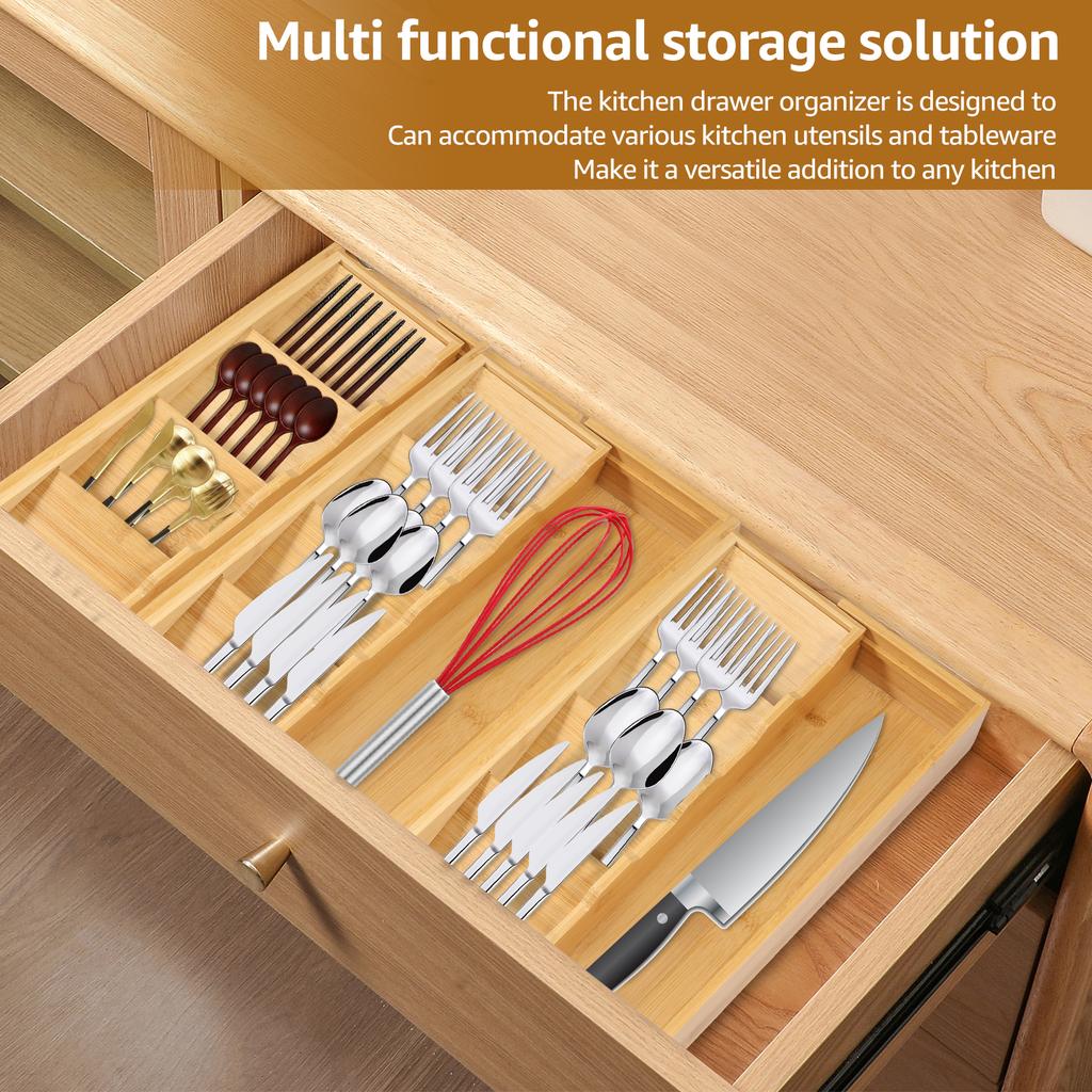 Expandable Drawer Tray Cutlery Organizer Kitchen Silverware Utensil Flatware Cutlery Spoons Knives Bamboo Storage Tray