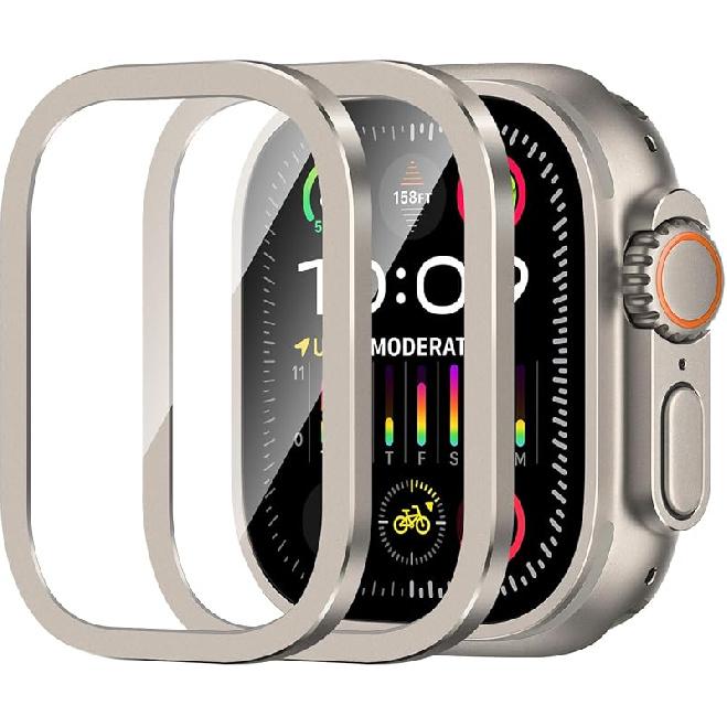 Amizee 2 Pack Metal Case Compatible with Apple Watch Ultra/Ultra 2 Screen Protector Case 49mm with Tempered Glass, Metal Frame Built In HD Glass