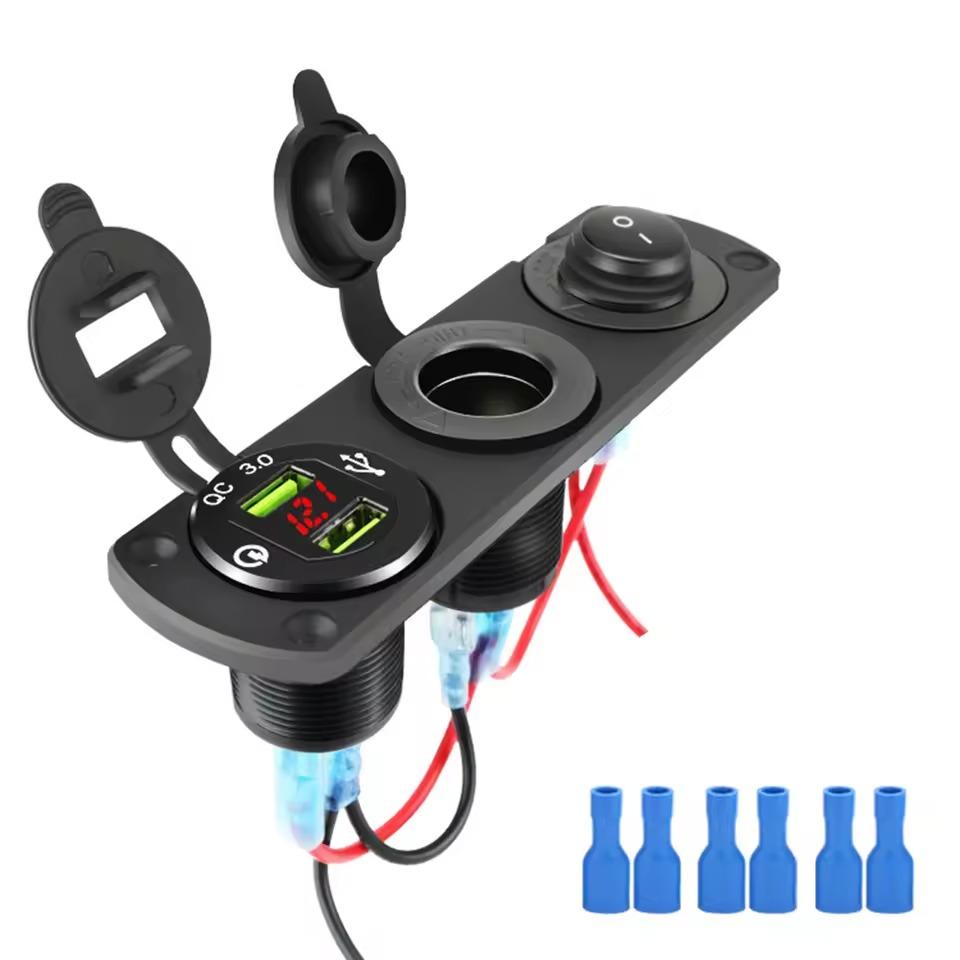12V Cigarette Lighter Socket 3 in 1 Waterproof Panel Dual QC3.0 USB Charger Voltmeter For Car RV Boat Marine Power Outlet