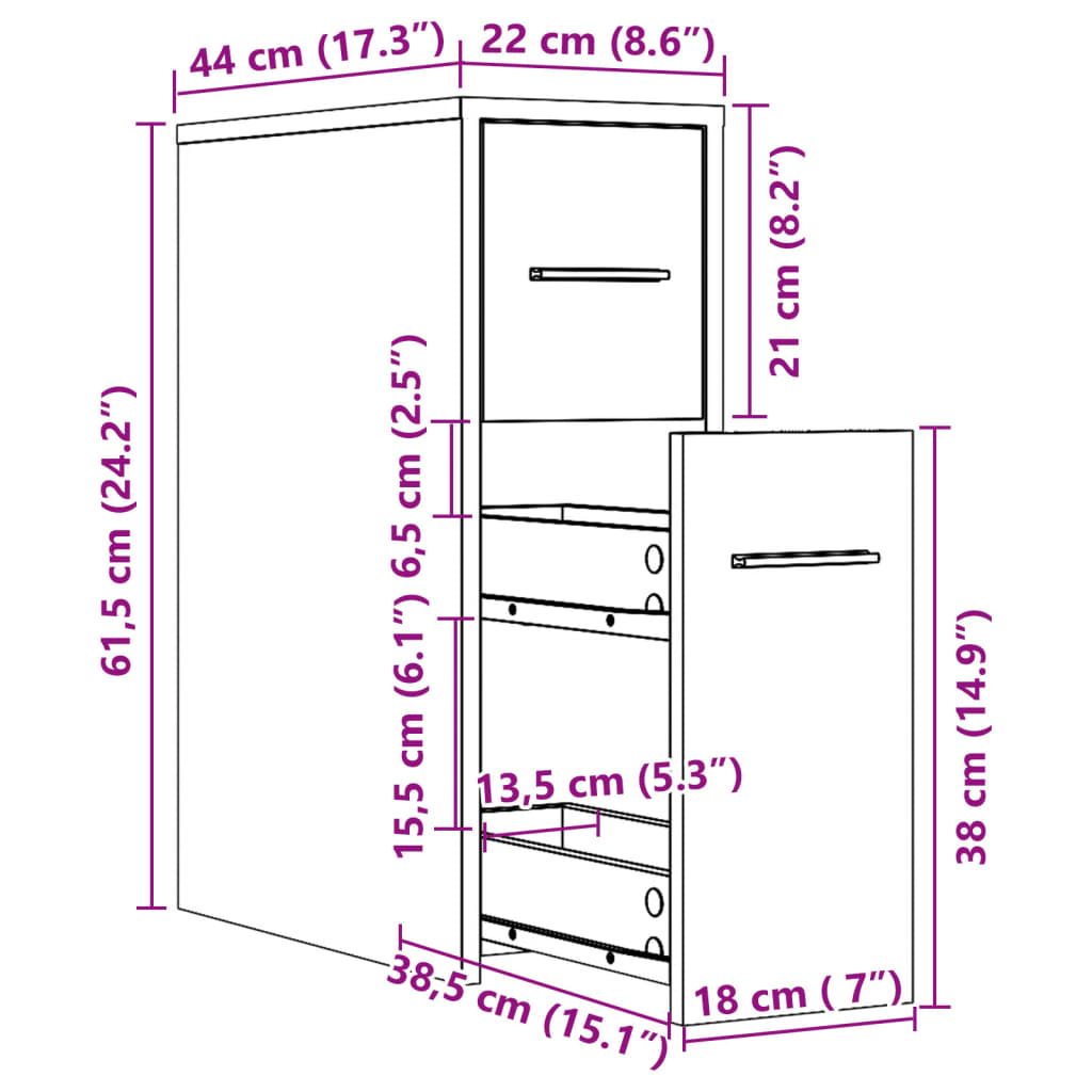 Narrow Bathroom Cabinet with Casters Vintage Wood Look Particleboard