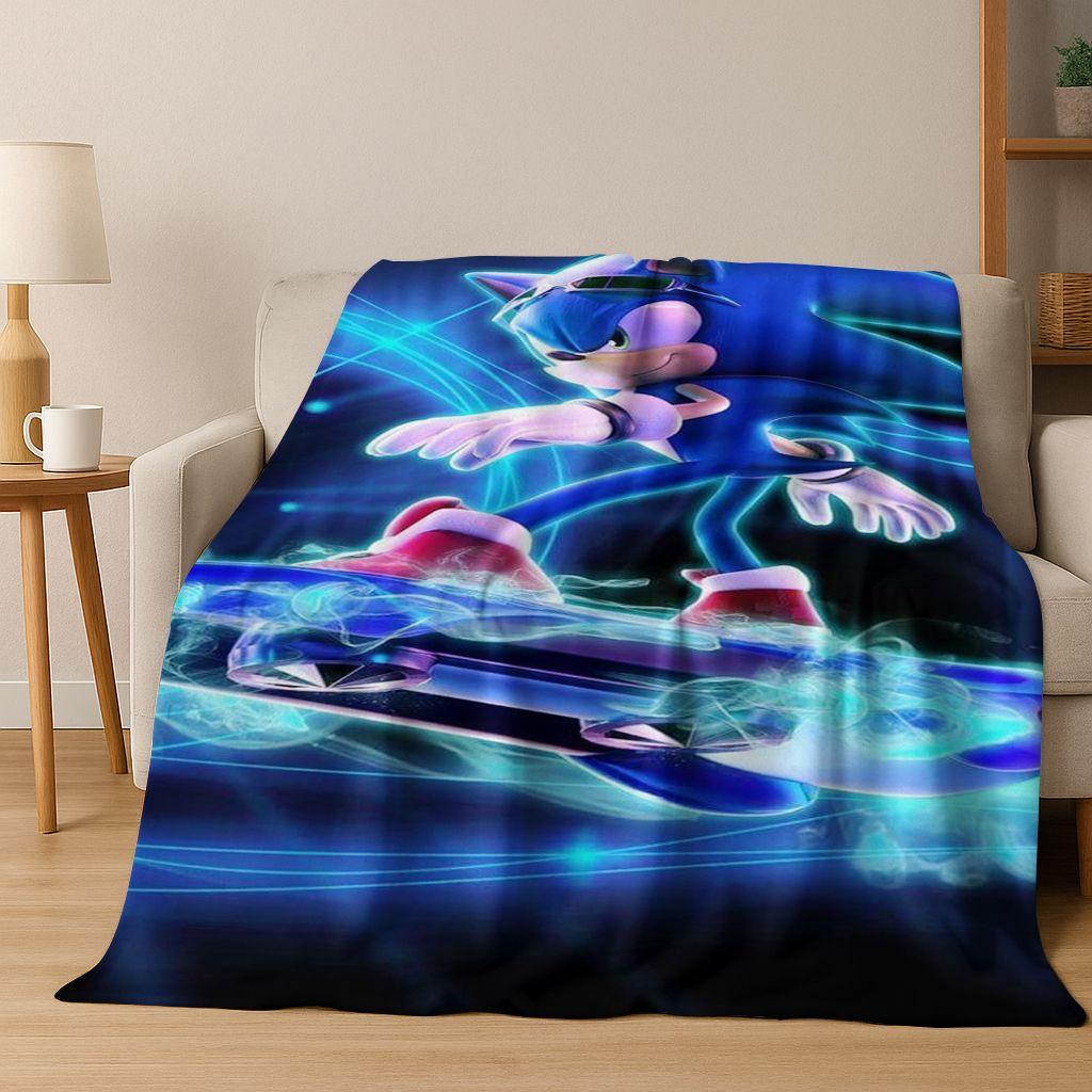 Classic S-Sonic Game Cartoon Hedgehog Flannel Blanket Soft Warm Throw Blanket for Bed Bedroom Room Living Room Travel Picnic Kid