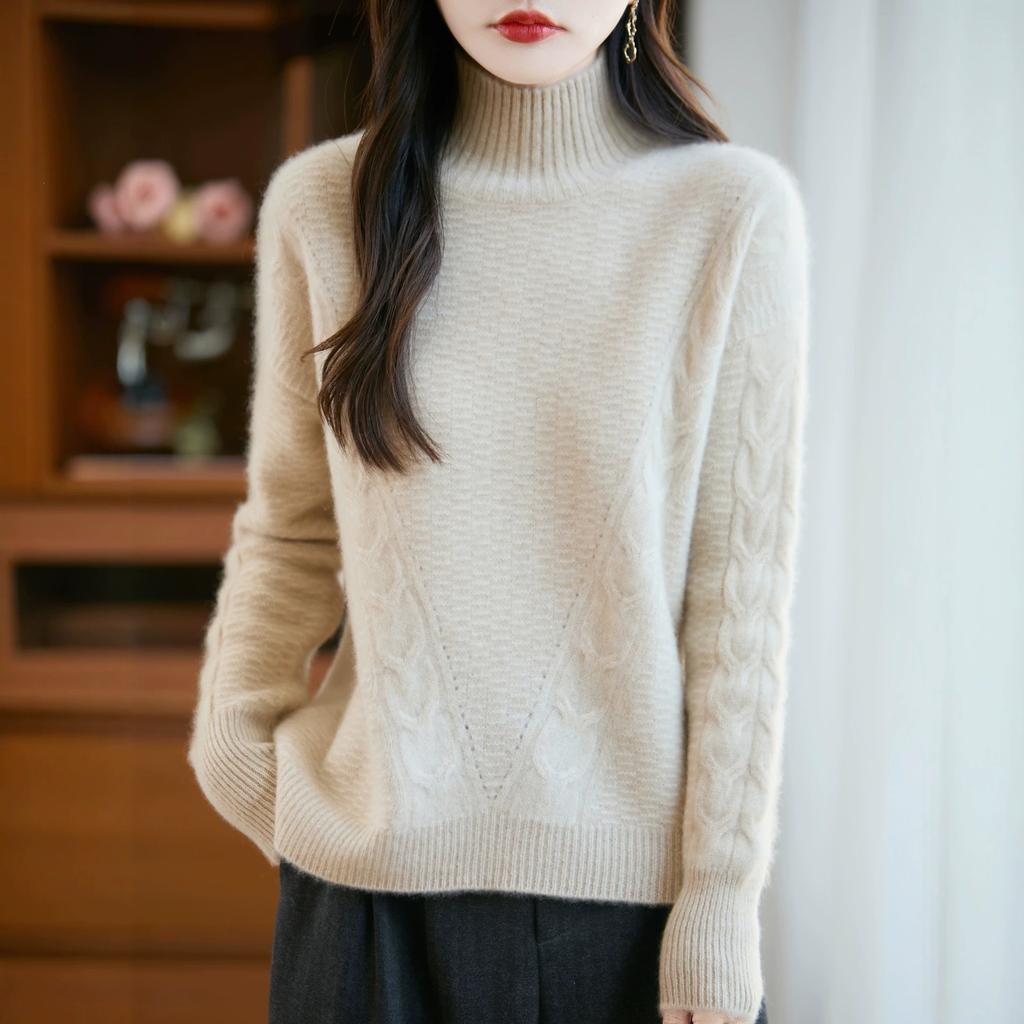 Women's Thick Semi-high Cable-knit Wool Sweater for Autumn and Winter, Soft and Warm, Pure Color, Slim-fitting Knitted Base Layer Shirt