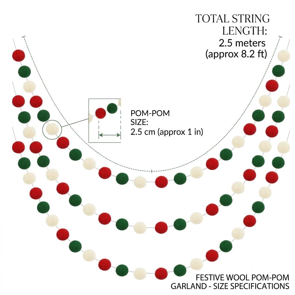 Set of 5 Christmas Felt Pom-Pom Garlands (Red, Green, & Cream) — Perfect for Fireplaces, Walls, and Party Decor
