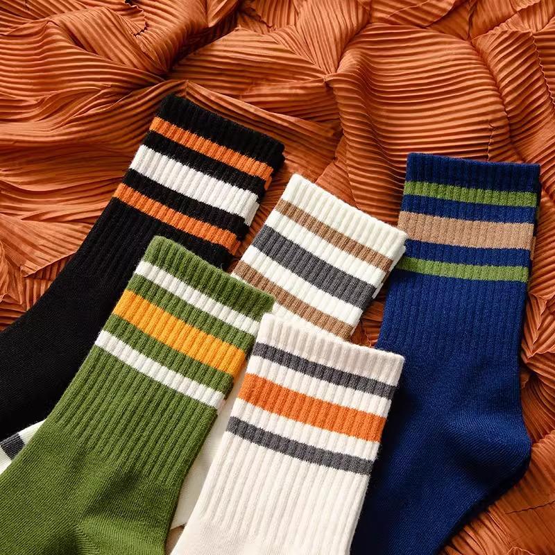 Colorful Striped Middle Tube Cotton Socks Anti Slip Outdoor Sweat Absorption Mens Cotton Socks Harajuku Sport Casual Men Socks