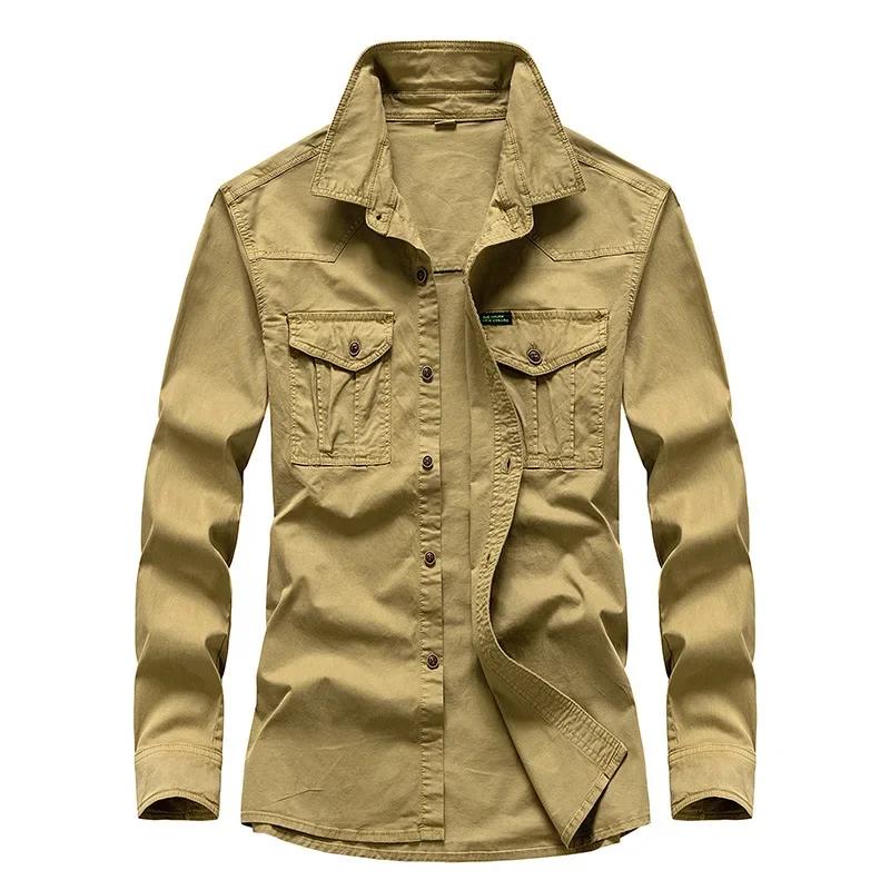 

Spring Autumn Loose Long Sleeve Casual Shirts Men Pure Color Workwear Top Youth Fashionable Cotton Shirt Man 2XL хакі