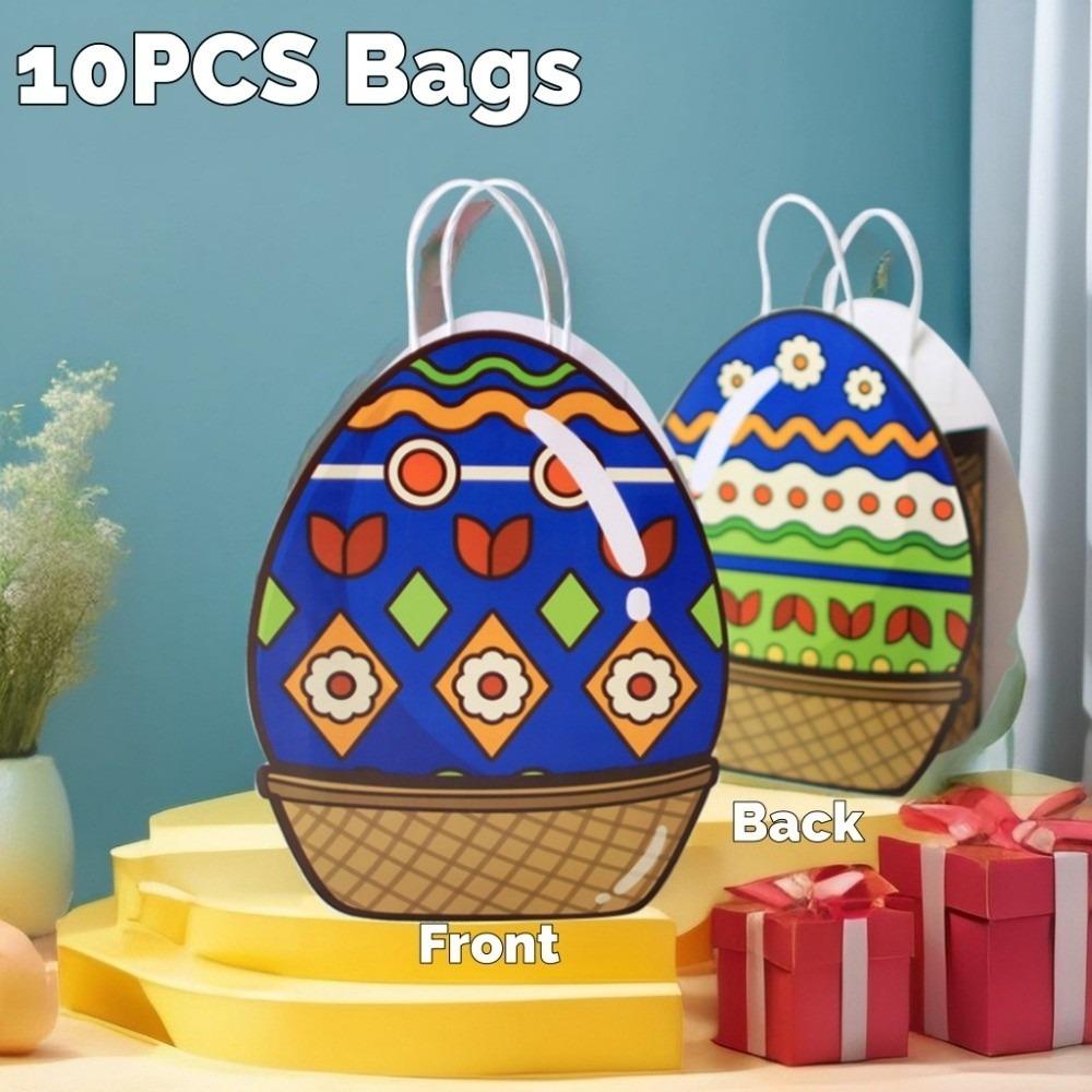 10pcs Colorful Easter Egg Bags Flower Heart Easter Paper Gift Bags Cute with Handles Candy Snacks Present Bags Party Favors