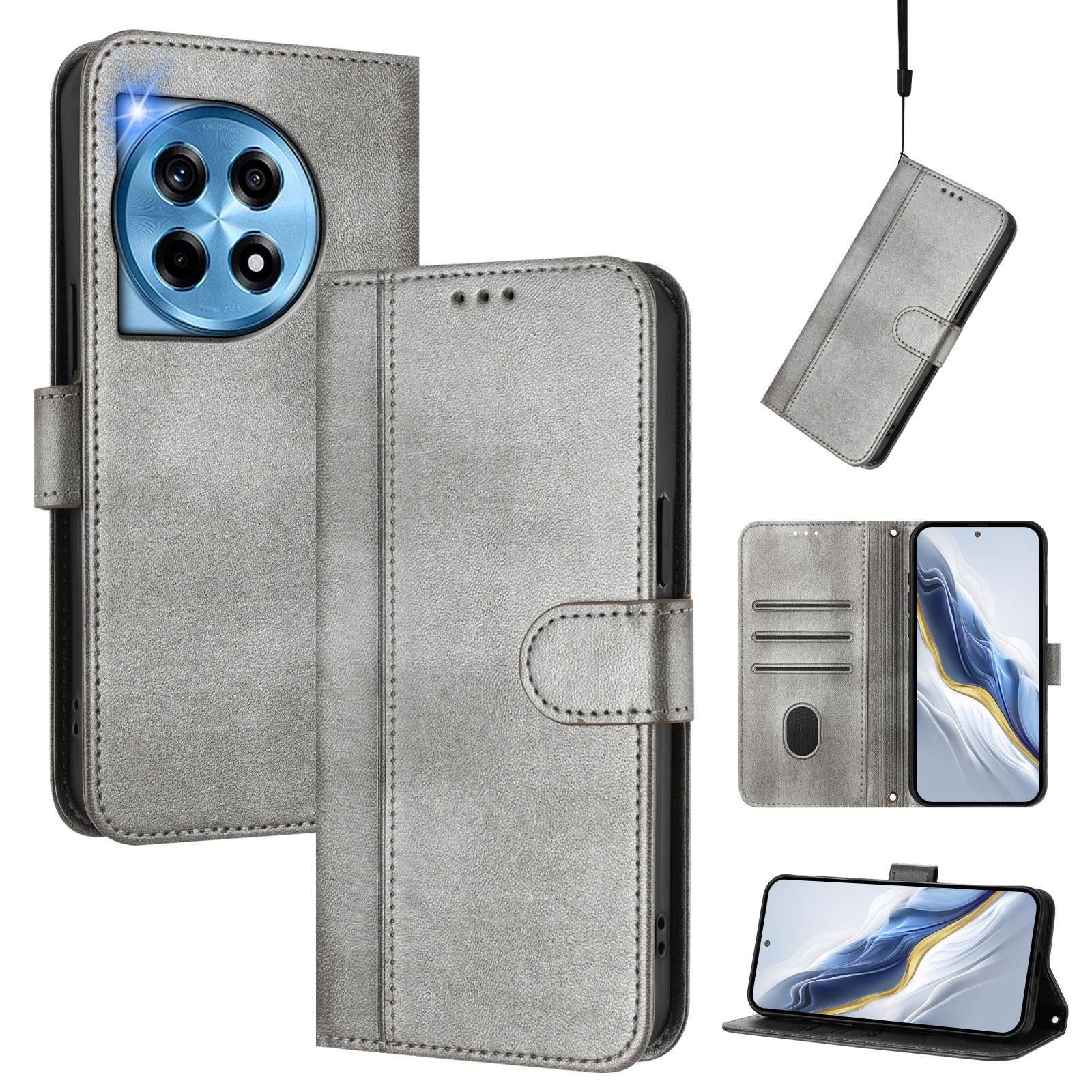 

For OnePlus 12 5G Cases Wallet Stand Retro Texture Leather Phone Cover with Lanyard Grey