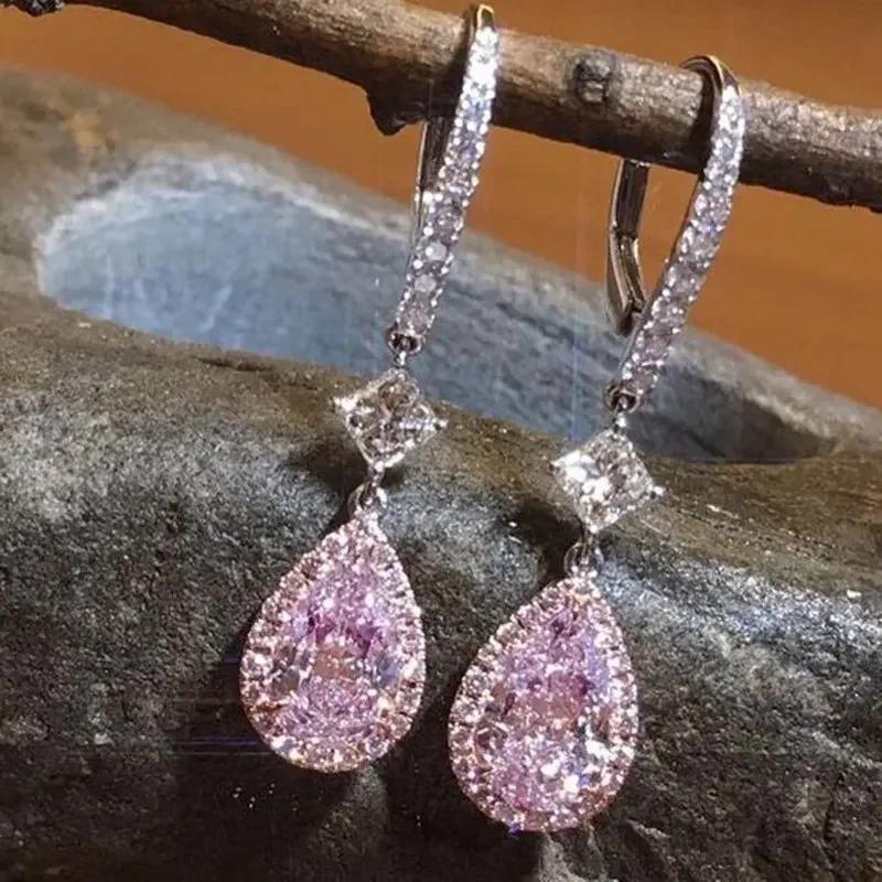 Elegant Light Luxury Pink Zircon Earrings for Women High-End Temperament Trendy Zircon Accessory