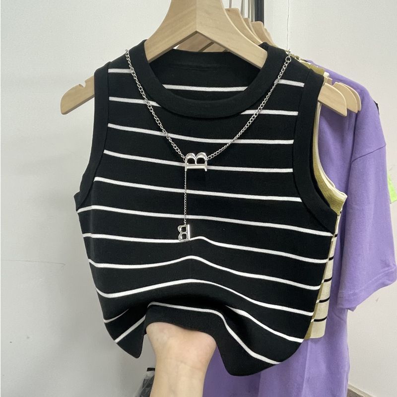 

Striped Knitted Camisole Tank Top Women s Inner Wear Summer Cardigan Slim Fit Short Sleeveless Base Layer Top Outerwear S