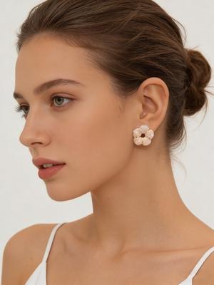 Vintage Delicate White Enamel Flower Stud Earrings, Minimalist Fashion Stainless Steel Piercing Aesthetic Jewelry for Women