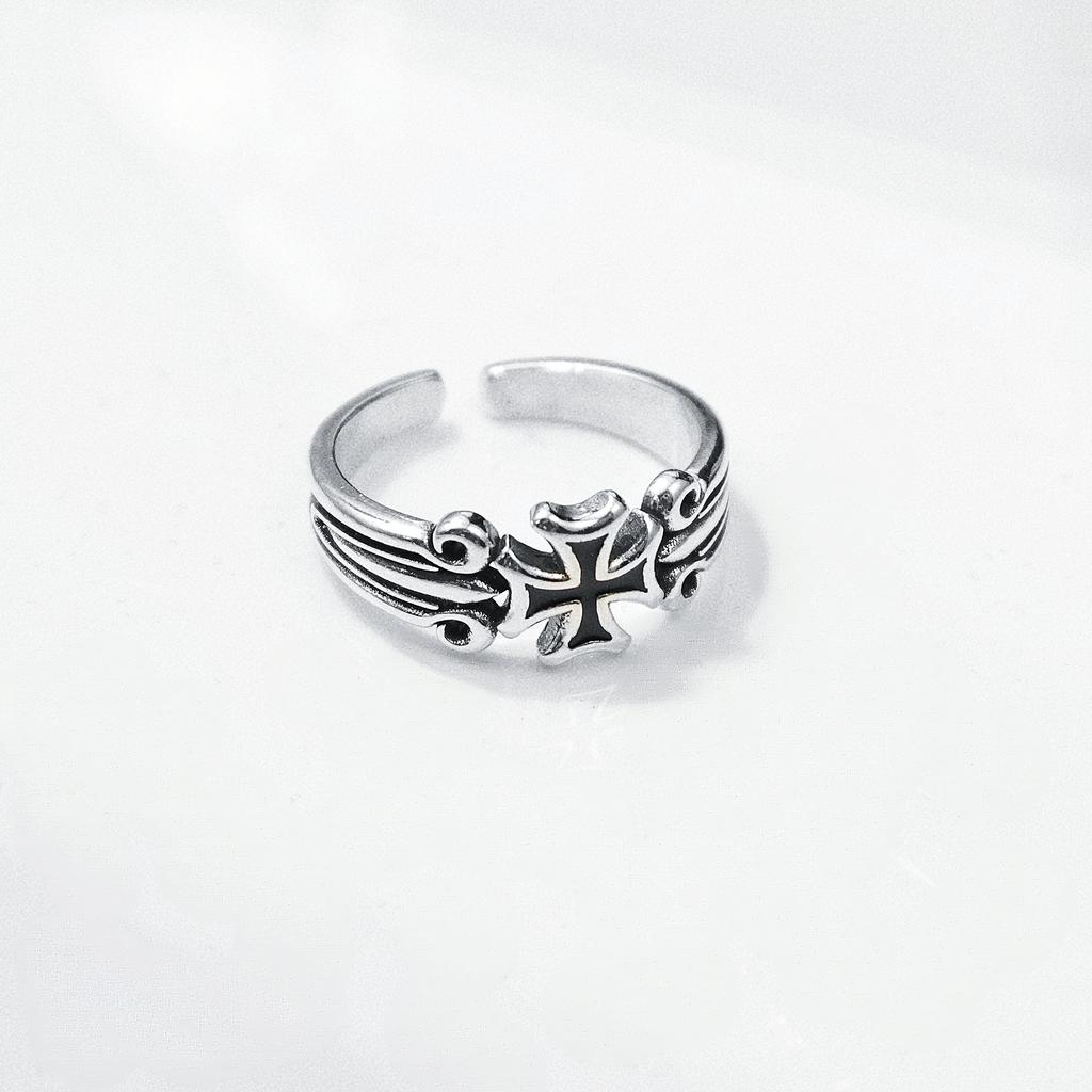 Retro Iris Enamel Cross Adjustable Open Ring For Men Silver-plated Brass Gothic Punk Edgy Jewelry Y2K Hiphop Accessories Gift
