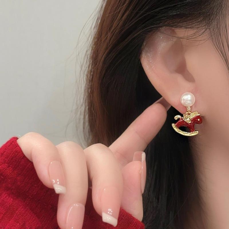 New Year Red Velvet Small Horse Pearl Earrings - Elegant Stud Earrings