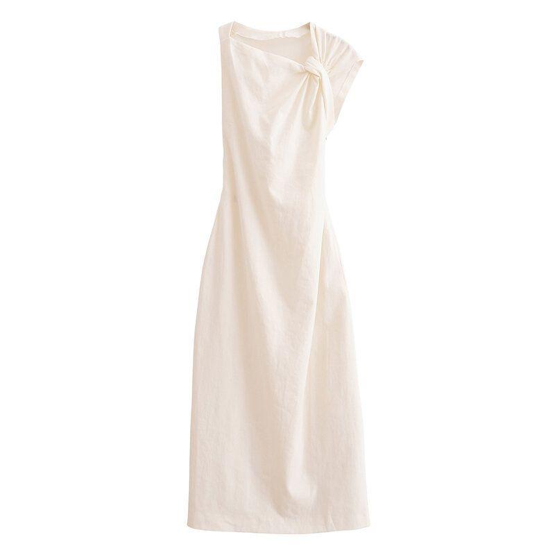 Fashion Style 2024 Autumn New Women's Clothing Elegant Knot Trim Linen Blend Mid Length Long Length Dress 8723418