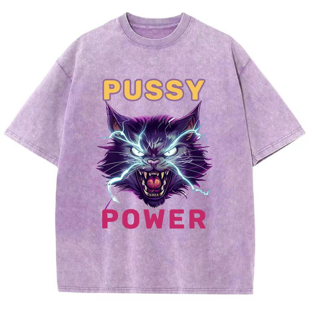 Power Cat Print Wash Women's T-Shirt Oversized Y2K Trend Hip Hop Retro Short Sleeve Harajuku Casual Top Summer