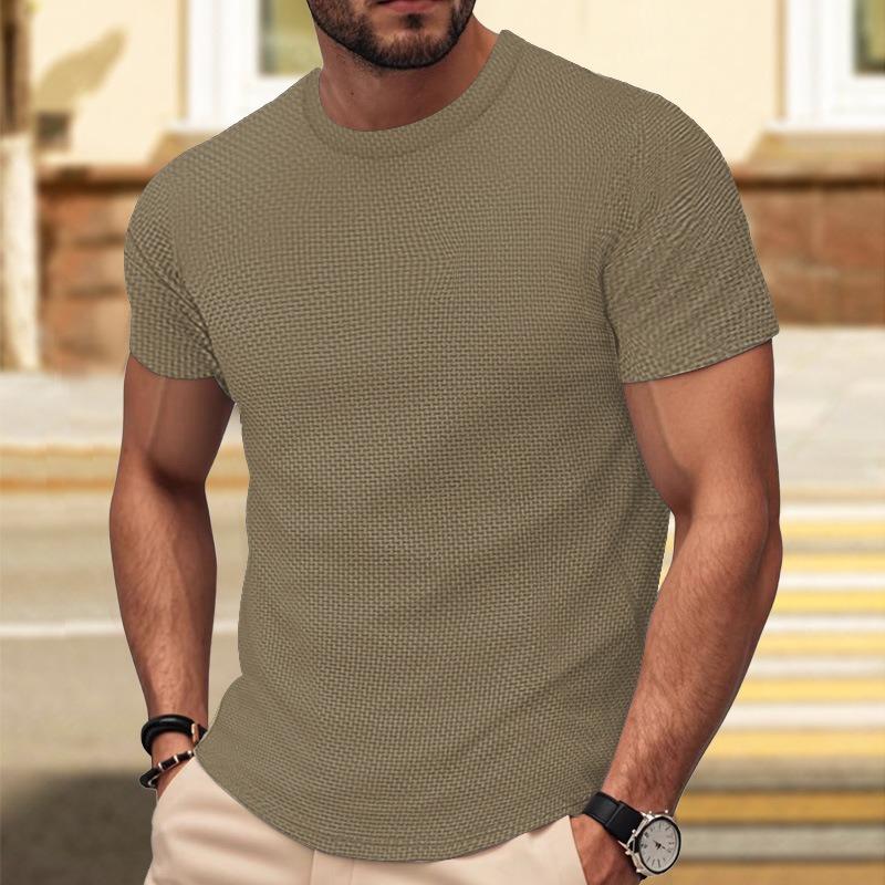 Mens Solid White Waffle Knit T Shirt Casual Crew Neck Short Sleeve Slim Fit Top
