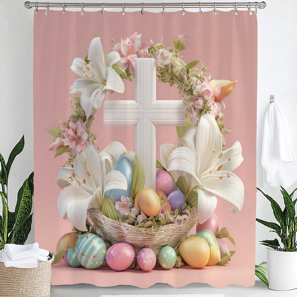 

1pc Easter Shower Curtain, Cartoon Cute Easter Egg Rabbit Bathroom Curtains,Polyester Fabric Home Decoration With Hooks 90x180cm-35x70in