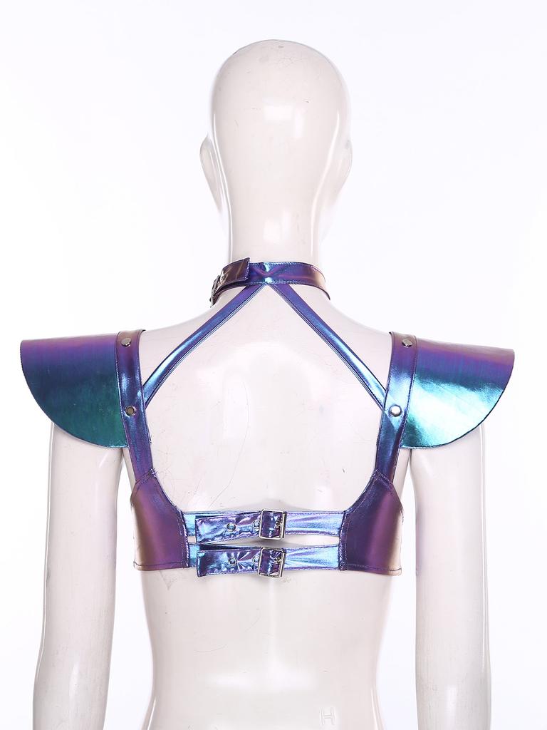S-XXL Damen Glitzer Gothic Crop Top Neckholder Fledermausärmel Nietenbesatz Verstellbare Schnalle Korsett Bustier Schulterpanzer für Rave Club Party