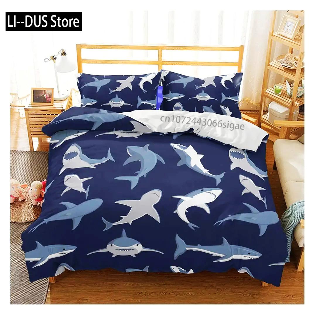 

Comforter Blue And White Cartoon Shark Fish Print Kids Boys Girls Luxury Room Decoration For Children Teens Gift Queen Size Comforter (quilt)-EU Single(135*200cm)3pcs