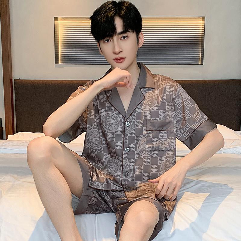 Pajamas Suit Men Summer Ice Silk Short Sleeved Long Pants Thin Male Satin Sleepwear Youth Homewear Set Gentlemen