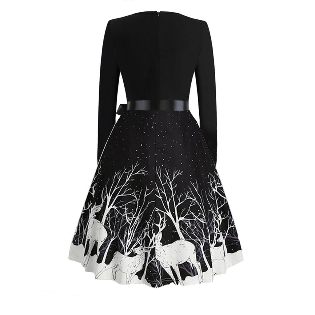 Christmas Print Sequin Patchwork Long Sleeve Dress Deer Skater Party Dresses