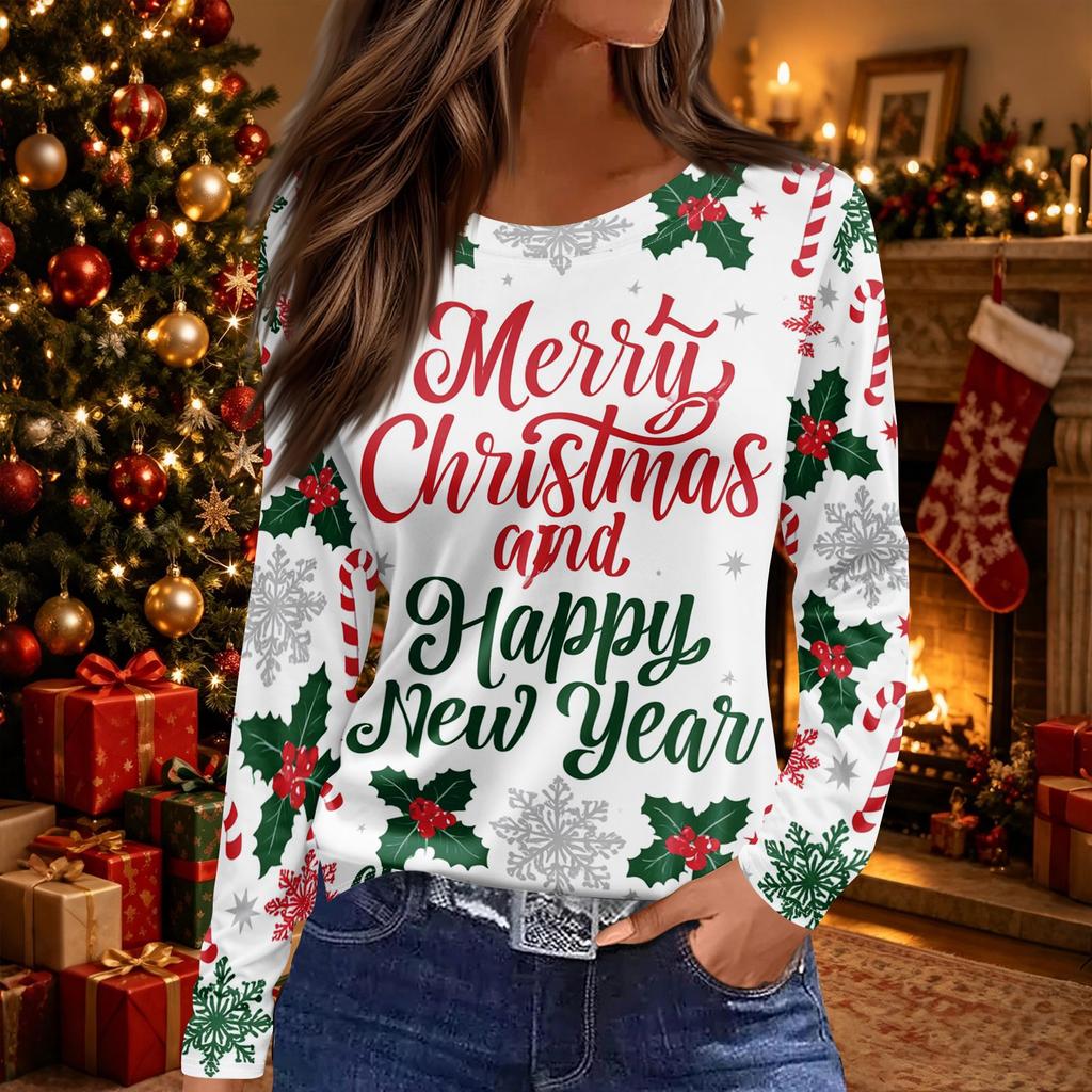 Women's Christmas Tree Print Neck Long Sleeve Top with Split Hem for Holiday