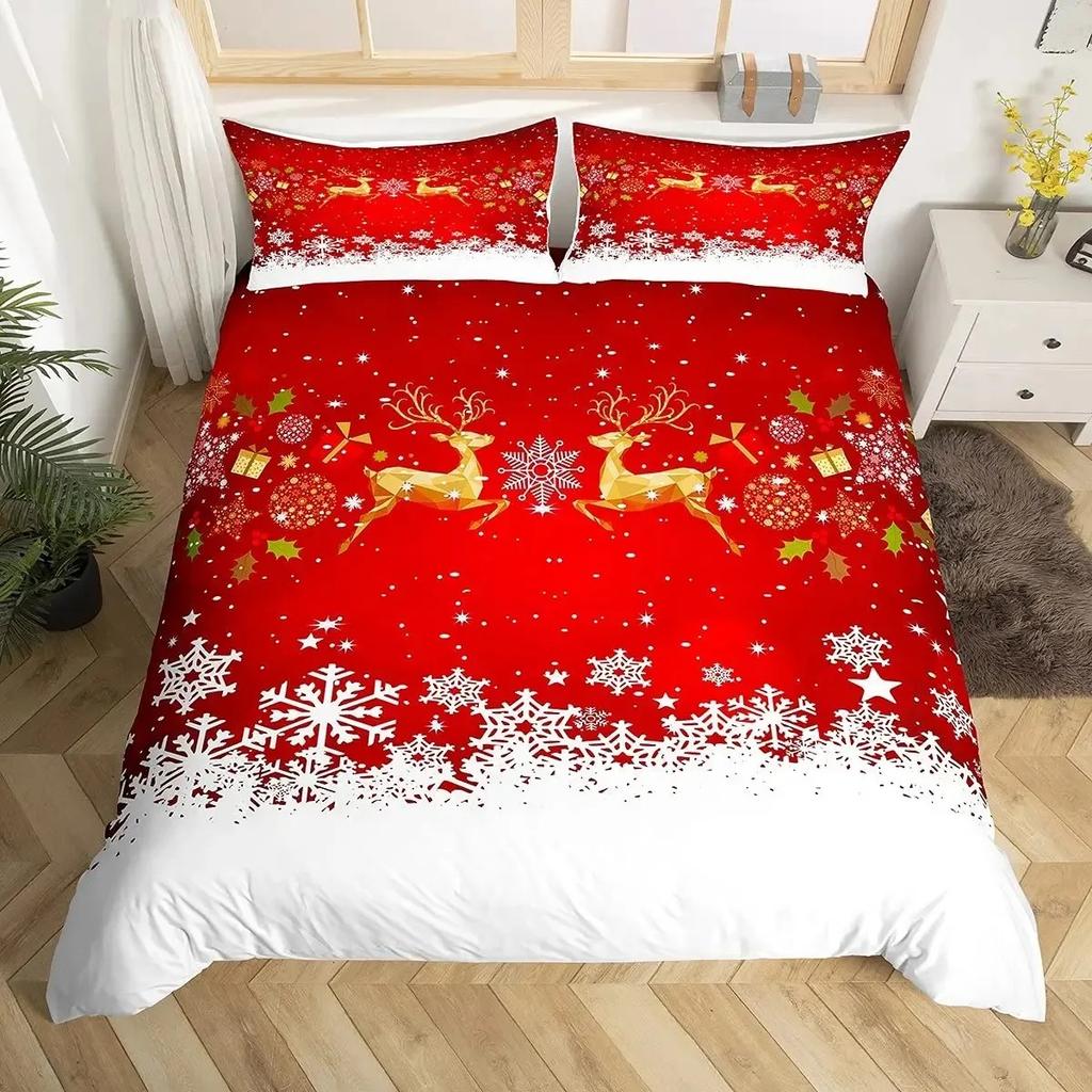 Gold Christmas Duvet Cover Set Gold Elk Xmas Printed Cartoon Christmas Festival Bedding Sets Full Queen Size with Pillowcase