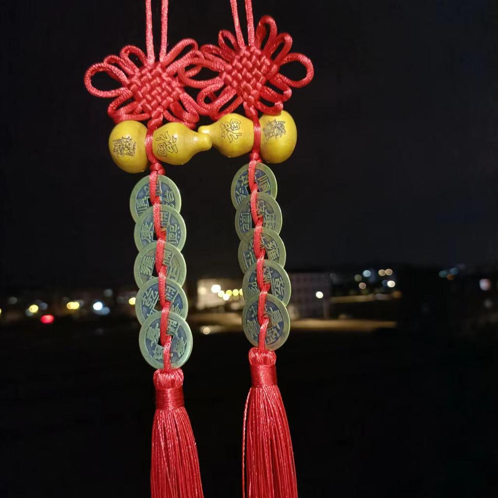 Fu Lu Men Shen Five Emperors Coins Pendant with Chinese Knot and Peach Wood Gourd - Antique Home Decor Solution for Door Alignment.