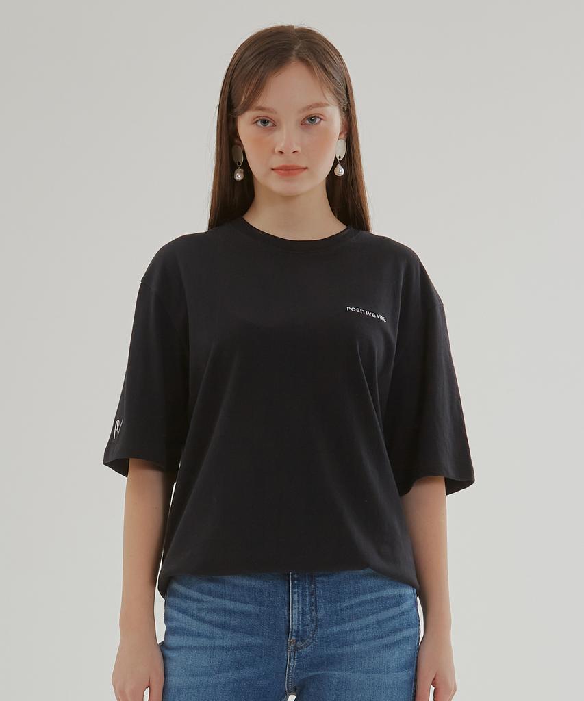 Pojitibeubaibeu [Unisex] Logo-Embroidered Oversized Cotton-Jersey T-Shirt(Black)