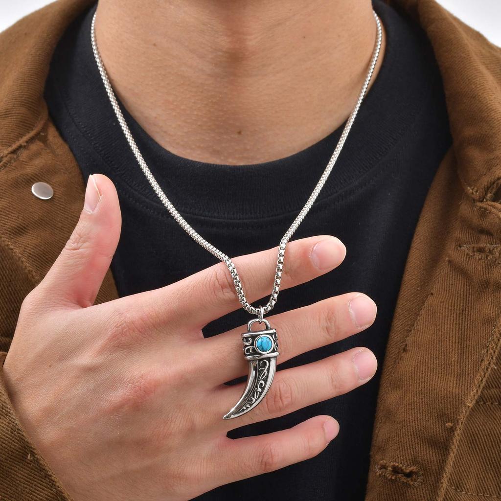 Vintage Men's Necklace,Stainless Steel Totem Natural Stone Pendant Necklace,Ethnic Punk Jewelry Gift