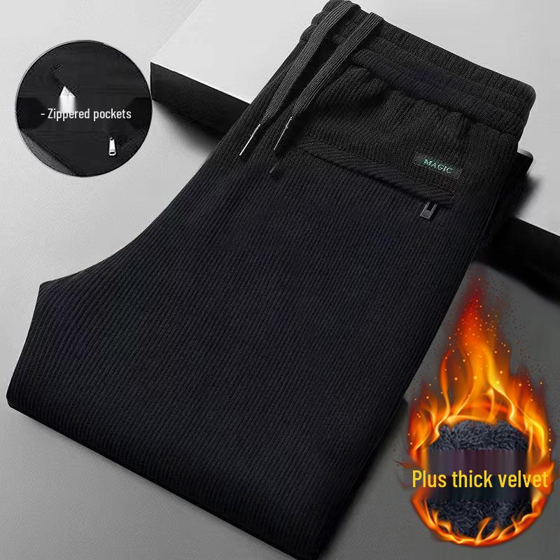 Men's Large Corduroy Warm Winter Casual Straight-Leg Pants with Velvet Lining