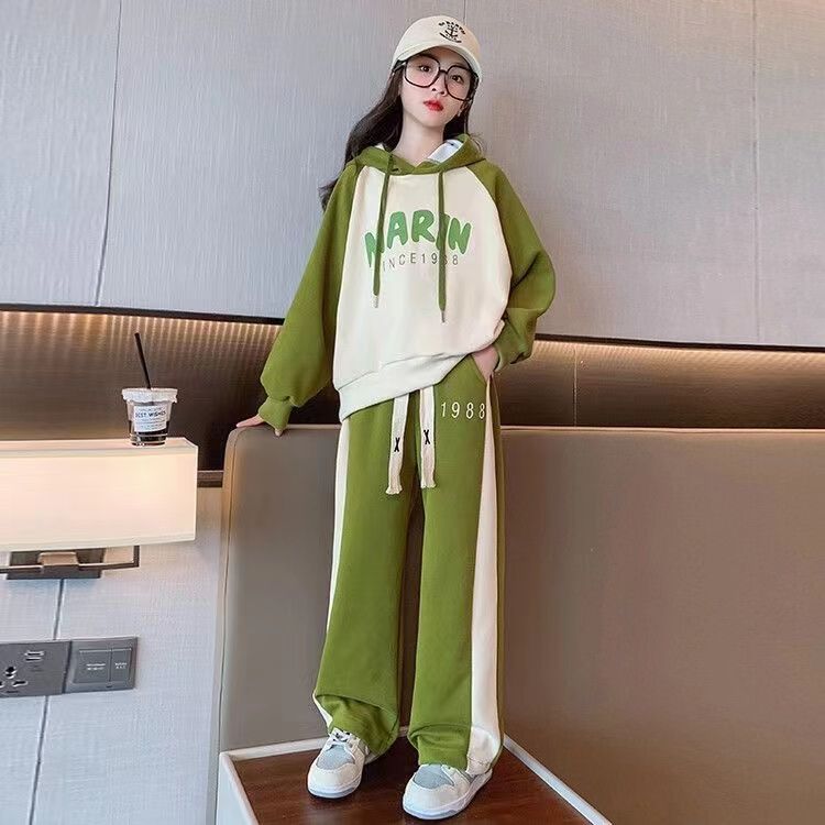 

Осенне-весенний комплект из двух предметов для девочек с капюшоном и брюками, повседневная одежда для подростков, детская одежда 120cm зелёный