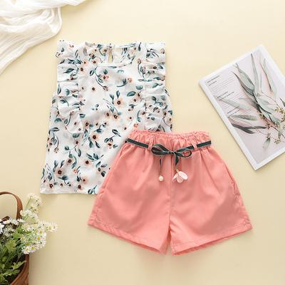 Mädchen Sommer Koreanischer Druck Anzug Dünn Rundhals Lässiges Oberteil + Einfarbige Shorts Locker Zweiteiliges Set
