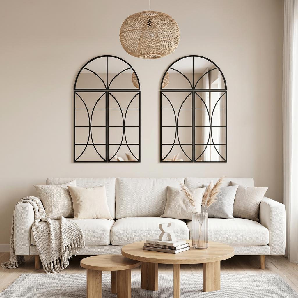 Arched Wall Mirror Set of 3, Window-Shaped, Tempered Glass, 80 x 120 cm, Black
