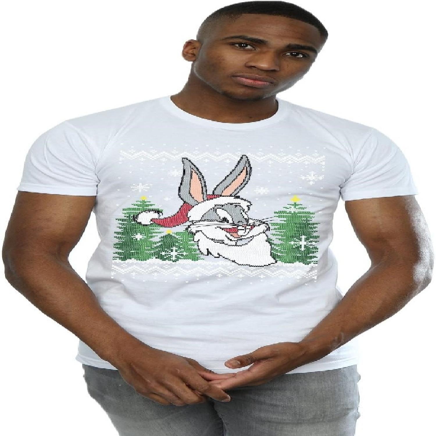Looney Tunes Men s Bugs Bunny Christmas Fair Isle T-Shirt Large White S
