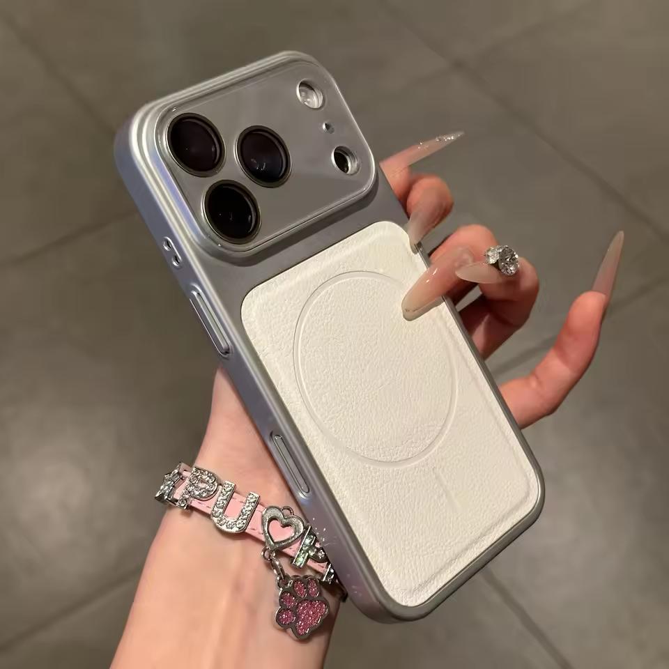 Matte Leder Magnetische Kabellose Lade Handyhülle Für iPhone 13 14 15 16 17 Pro Max Glaslinse Großes Fenster Schutzhülle