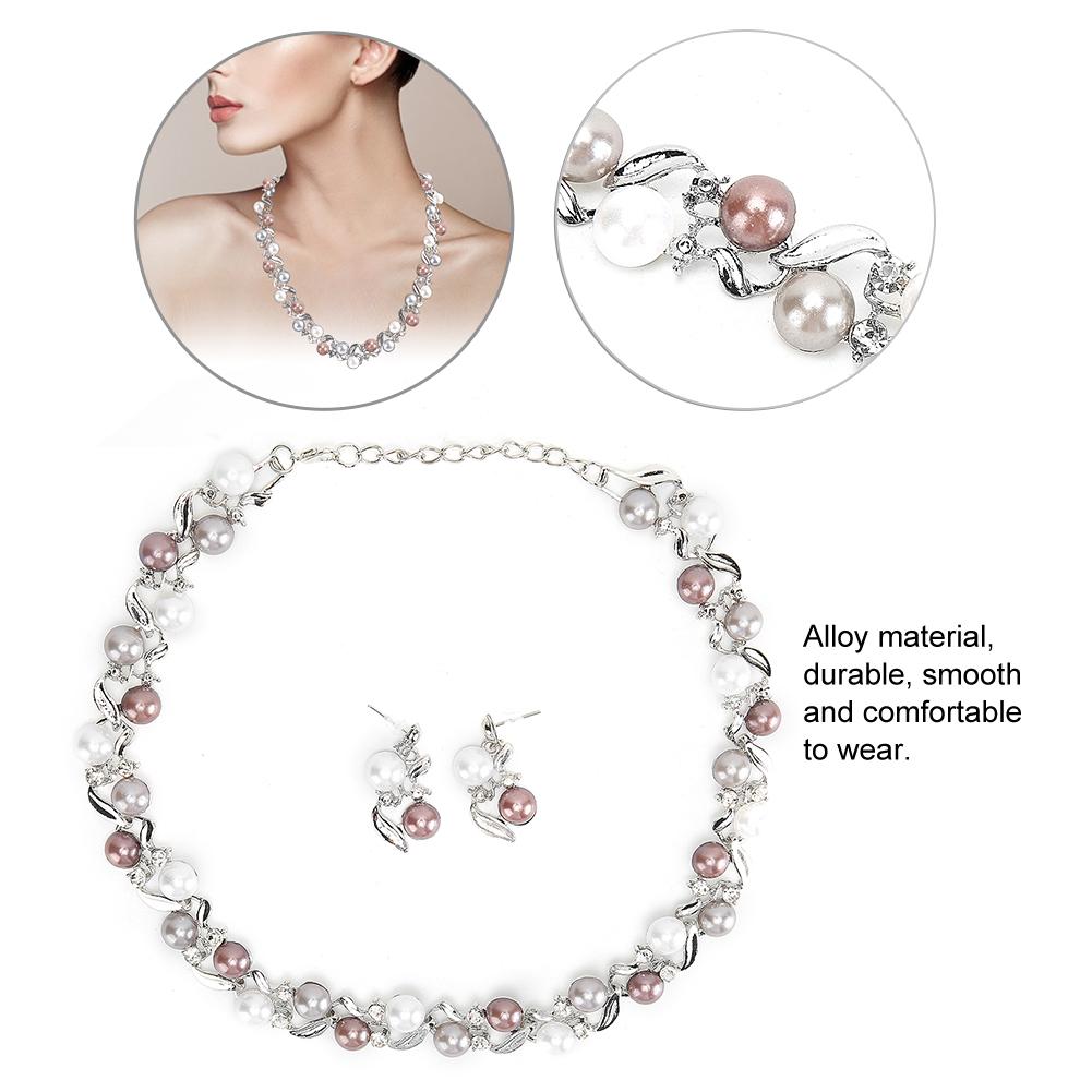 Women Faux Pearl Necklace Earrings Set Bridal Jewelry Set with Rhinestone (Silvery White)