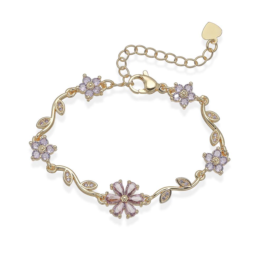 18K Gold Plated Brass Sweet and Cute Splicing Adjustable Cherry Flower Zircon Bracelet for Women's Zircon Birthday Gift 1 Pcs