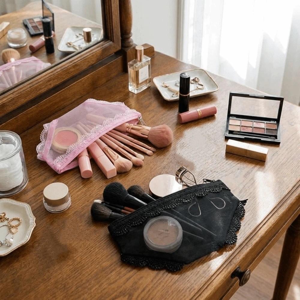 Korean Style Mesh Toiletry Bag Lace Trim Makeup Storage Pouch Jewelry Organizer  for Travel