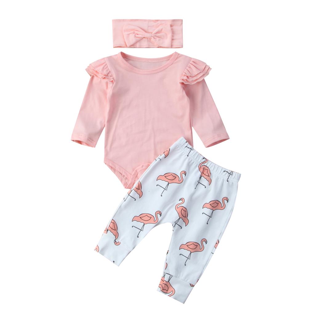 Citgeett Cute Infant Baby Boys Romper Flying Sleeve Tops + Long Pants Flamingo Headband 3PCS Clothes Set Cute Outfits