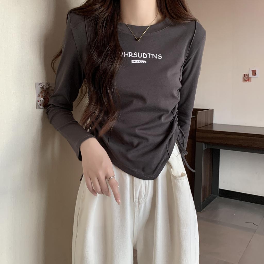 Spring Short Drawstring Top for Women's New Round Neck Inner Bottoming Shirt Fashionable Slim and Long Sleeves