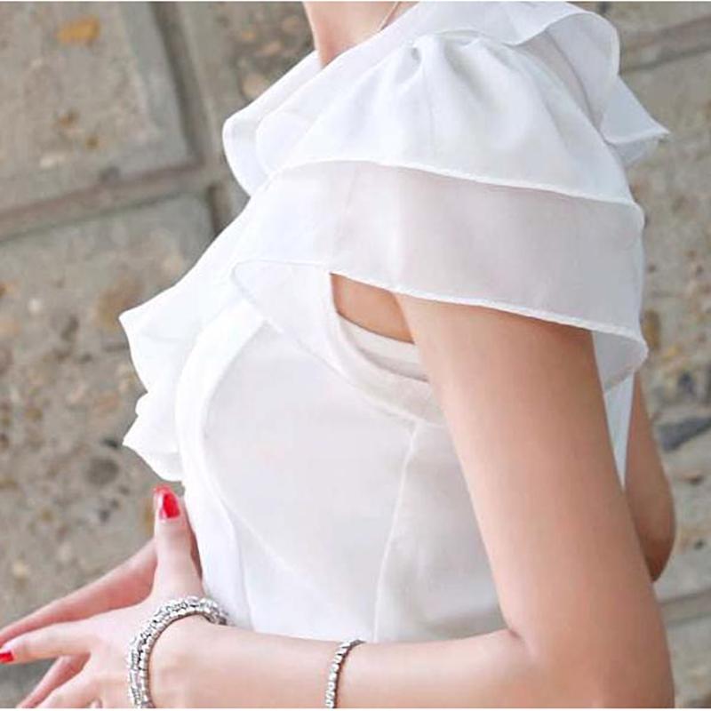 Short Sleeve Blouse Shirt Fashion Ruffles Ladies White Black Office Women