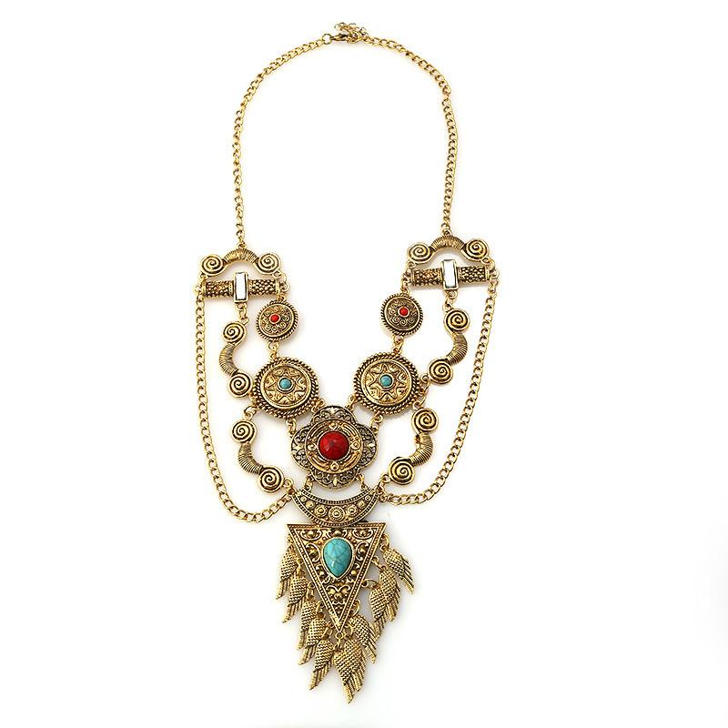 Bohemian Retro Ethnic Style Antique Gold Color Alloy Carving Imitation Turquoise Wings Tassel Statement Necklace For Women