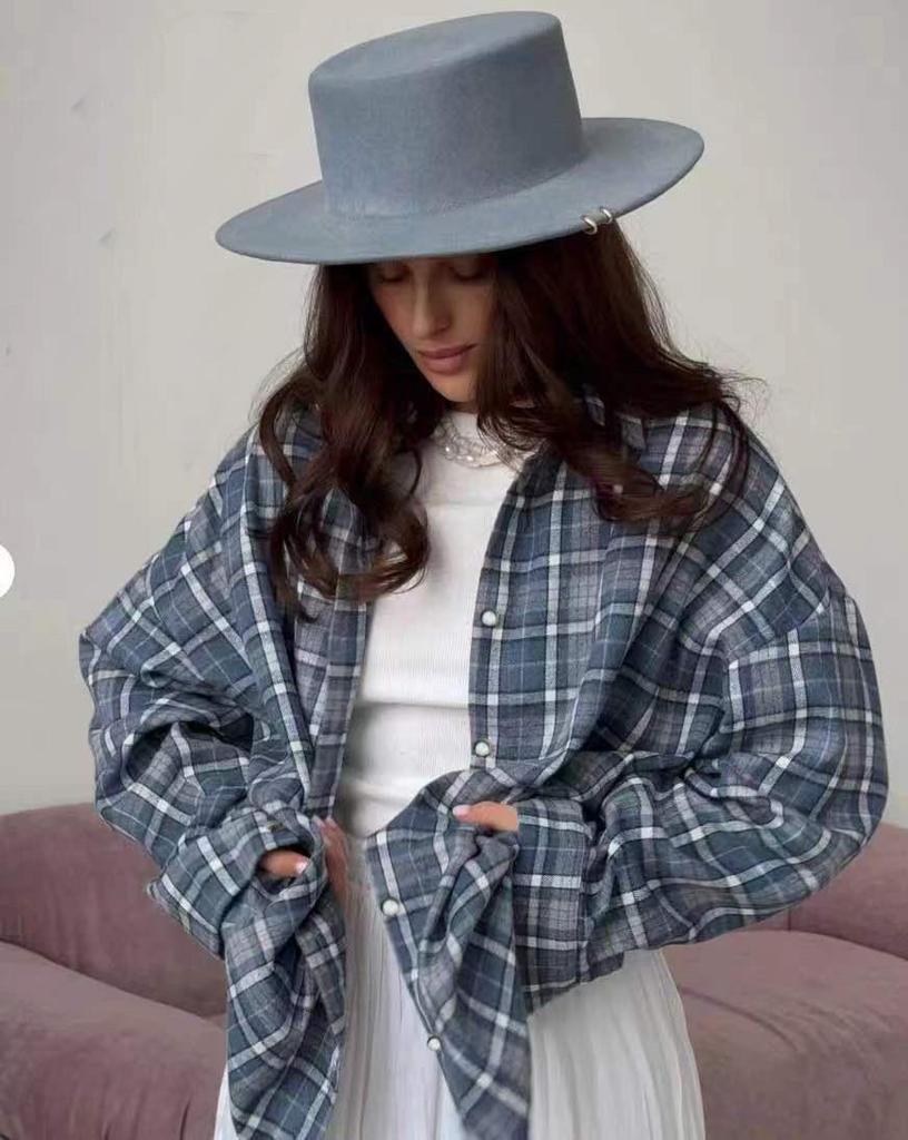 Plaid Turn-Down Collar Loose Long-Sleeve Women's Shirt for Spring/Autumn 2025