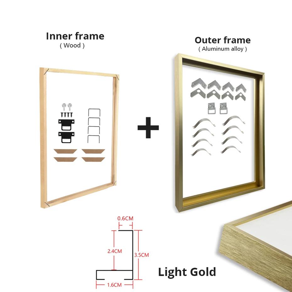 Customized DIY Frame Kit Gold Black Metal Aluminum Outer Frame and Wooden Inner Frame for Canvas Painting Gallery Home Decor