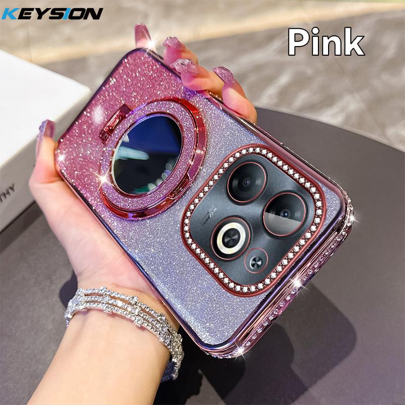 KEYSION Luxury Glitter Jewelled Magnetic Phone Case for TECNO Spark Go 2023 20 20C Pop 8 Makeup Mirror Stand Shockproof Cover