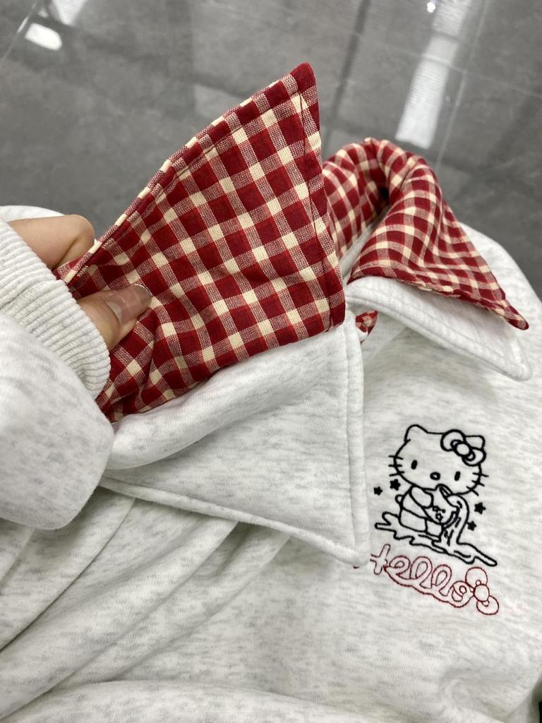 Women's 2025 Spring Hello Kitty Retro Embroidered Plaid Sweatshirt